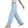 thumbnail image 6 of Womens Cotton Linen Wide Leg Pants High Waisted Flowy Palazzo Pant Casual Summer Beach Vacation Outfits with Pockets, L, 6 of 8