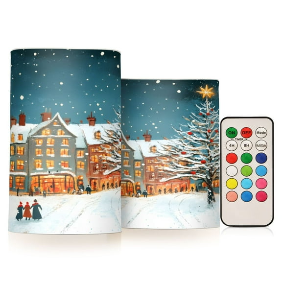 ALAZA Christmas Winter Landscape 2 PCs LED Flickering Flameless Candles with Remote Timer Battery Operated Candle