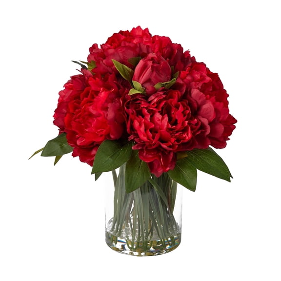 DR.Planzen 12in Artificial Peonies with Vase Red Artificial Peony Flower Arrangement – 9 Bloom Realistic Faux Peonies in Glass Vase with Faux Water for Table Centerpiece Wedding Home Office Decor