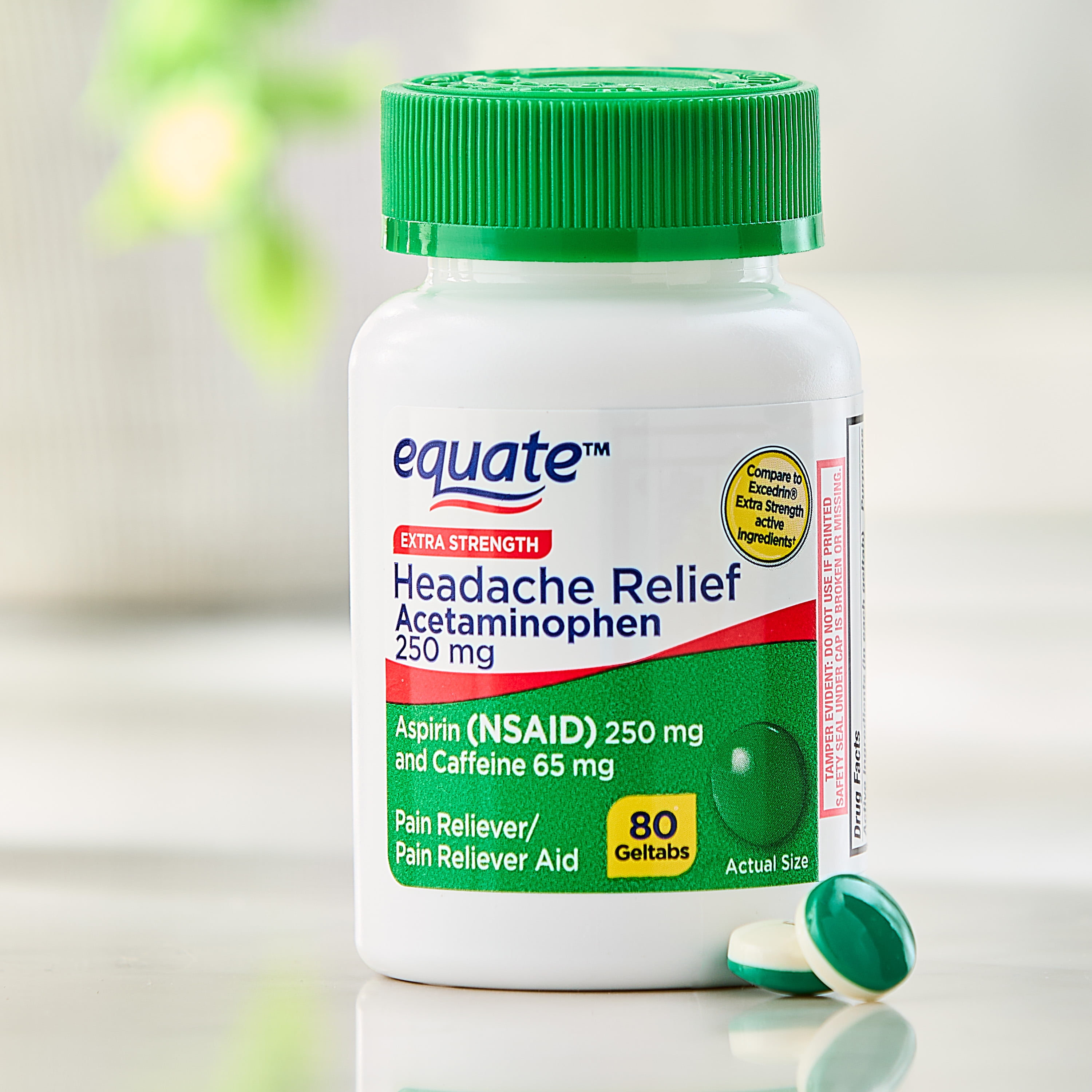 Equate Extra Strength Headache Relief Acetaminophen, Aspirin, and Caffeine Geltabs, 80 Count, Compare to Excedrin® Extra Strength Active Ingredients