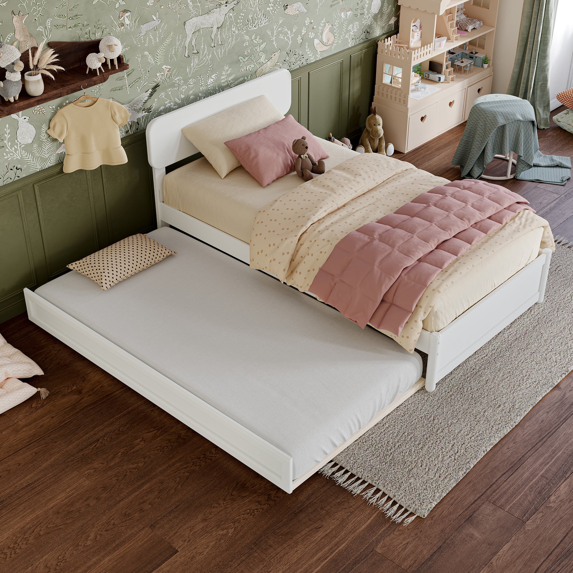 AFI Capri Twin Solid Wood Platform Bed with Panel Footboard and Twin Trundle, White