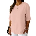thumbnail image 2 of Gamivast Linen Womens Tops Dressy Casual Loose Round Neck 3/4 Sleeve Shirts Henley Button Linen Blouses Solid Color Summer Holiday Outfits, 2 of 10