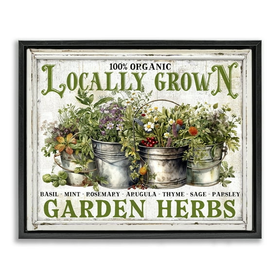 Stupell Industries Vintage Herbs in Buckets Plants & Flowers Painting Black Floater Framed Canvas Art Print Wall Art, 21 x 17