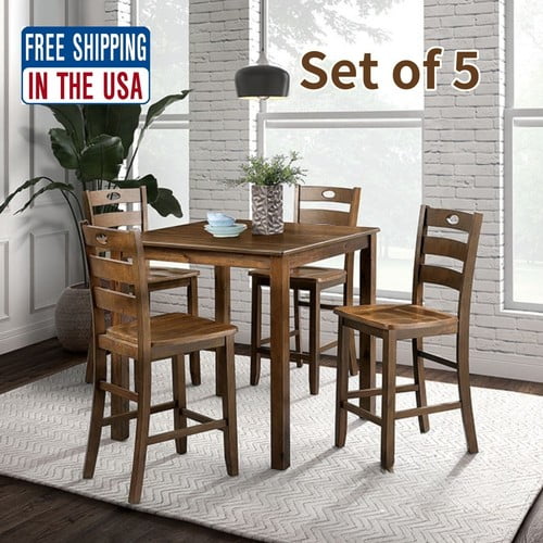 Solid Wood Traditional Dining Table Set of 5 Walnut Finish 1 Table and 4 Chairs