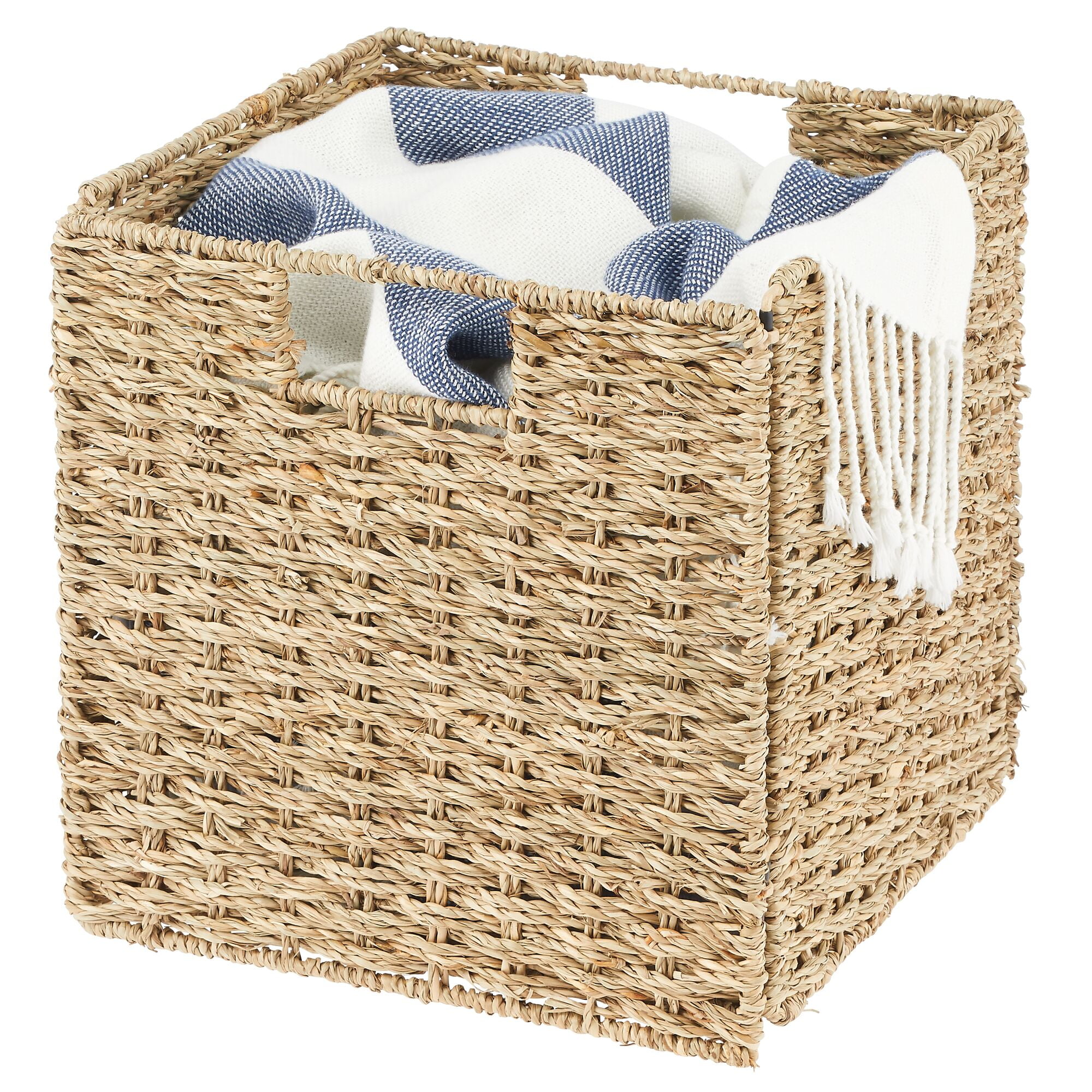 mDesign Seagrass Woven Cube Bin Basket Organizer, Handles, 6 Pack - Natural/Tan