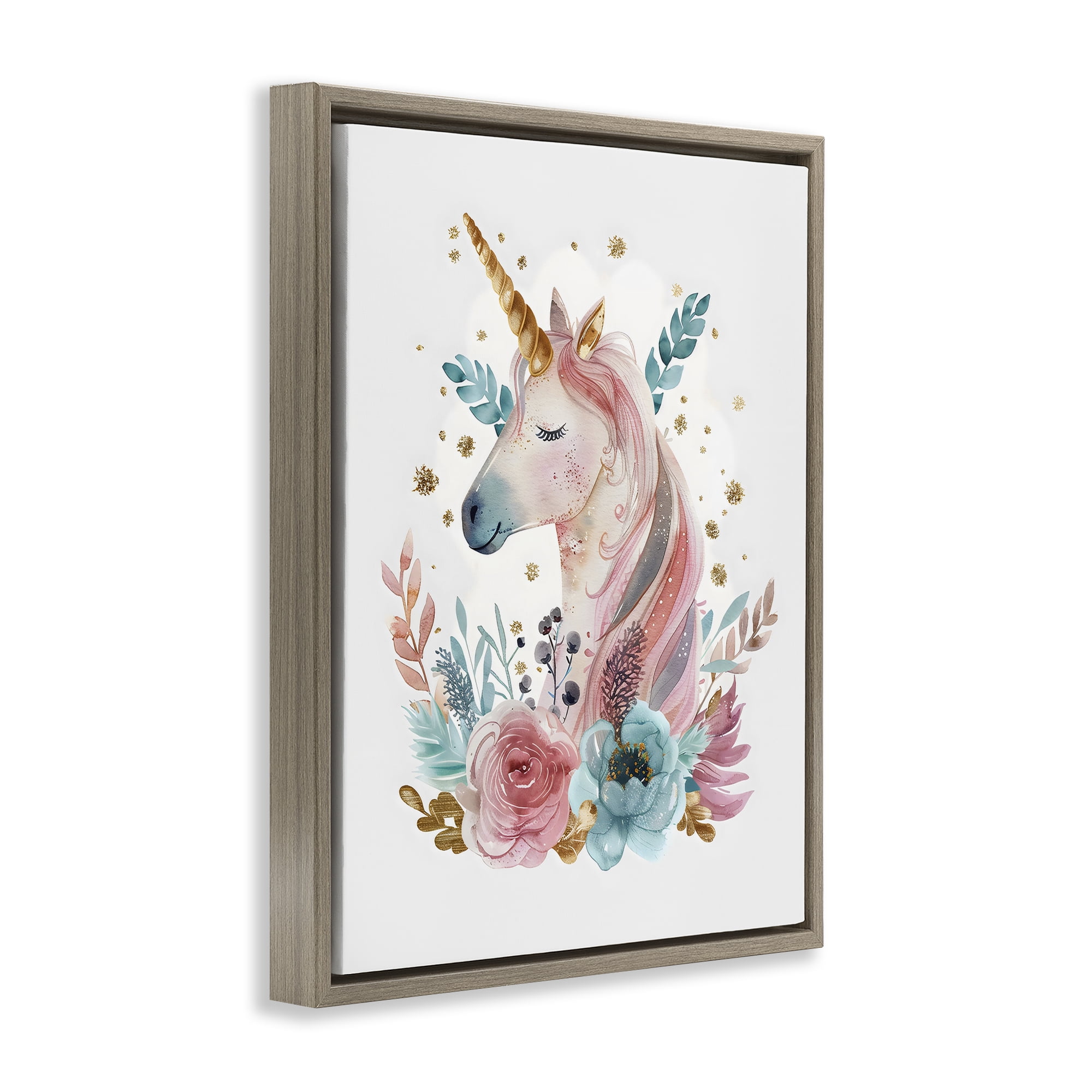 Stupell Industries Floral Unicorn with Gold Details Brown Framed Floater Canvas Wall Art, design by LSR Design Studio
