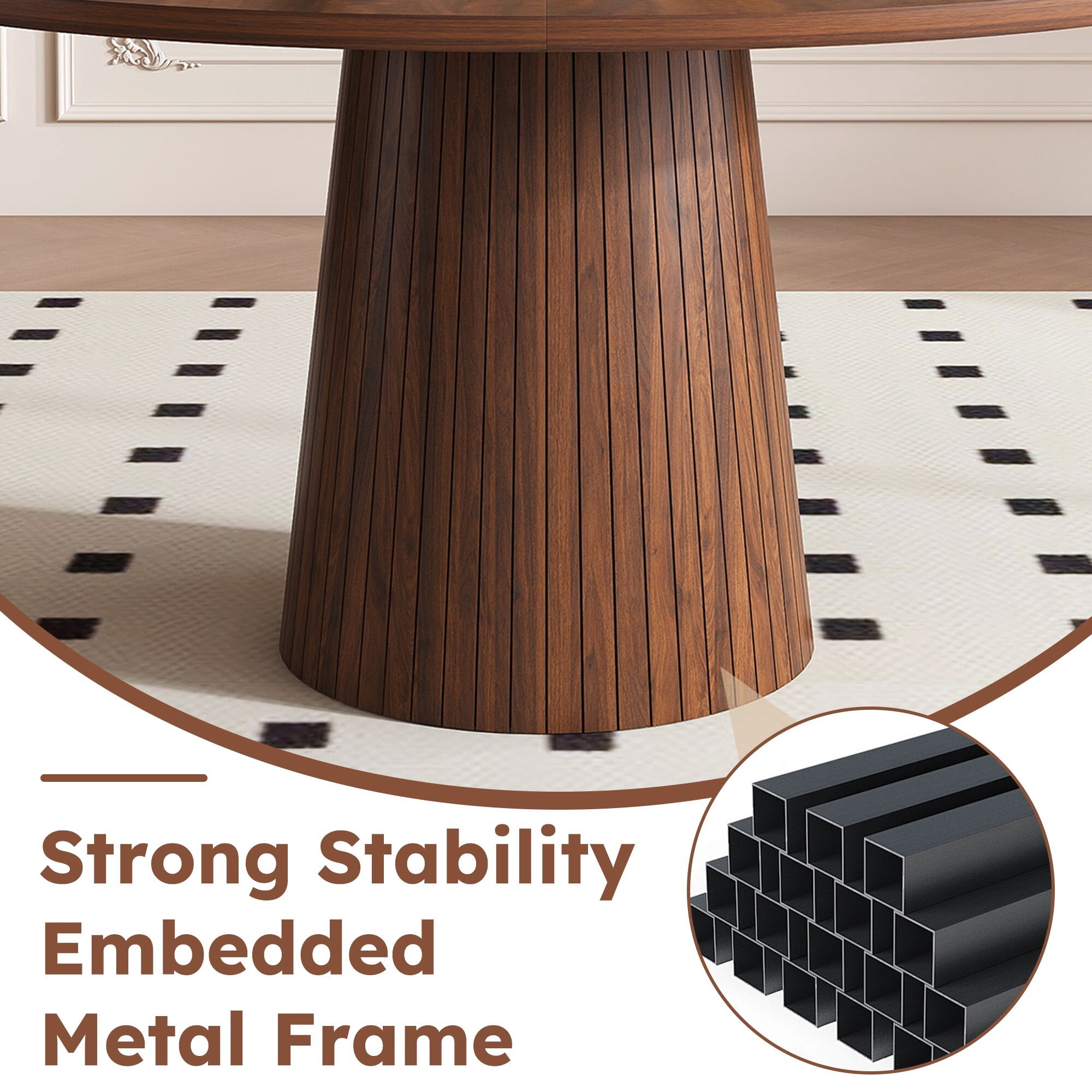 AENKYO 47" Round Dining Table for 4, Modern Farmhouse Pedestal Kitchen Table with Wood Strip Base, Walnut Finish