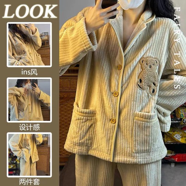 Pijama grueso con forro polar cálido de invierno para mujer, lindo cárdigan con solapa interior, ropa para el hogar