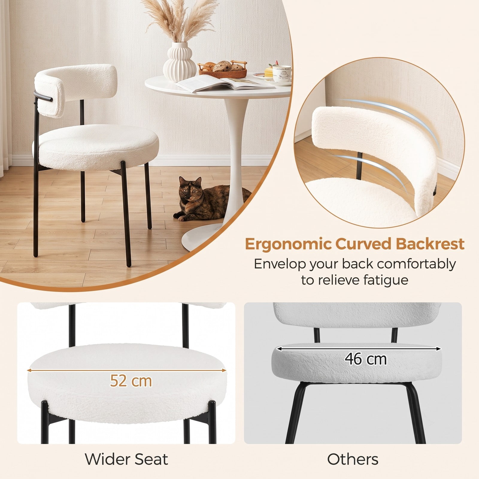 Furnibear Boucle Dining Chairs Set of 2, Upholstered Faux Sherpa Accent Side Chairs with Curved Backrest and Metal X-Legs for Kitchen Dining Room Living Room, White