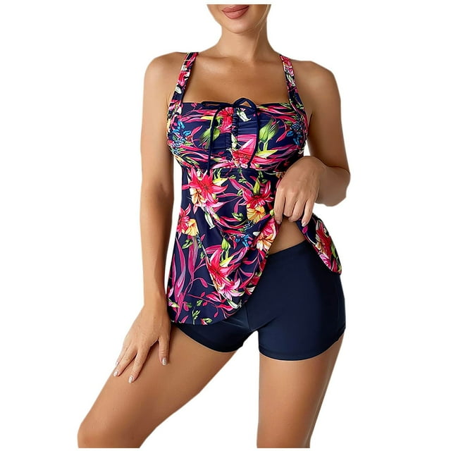 Pisexur Tankini Swimsuit Coverup for Women Loose Fit Floral Printed Square Neck Two Piece Swimsuit Front Ruched Drawstring Bathing Suit Swimwear with Tummy Control Boyshorts
