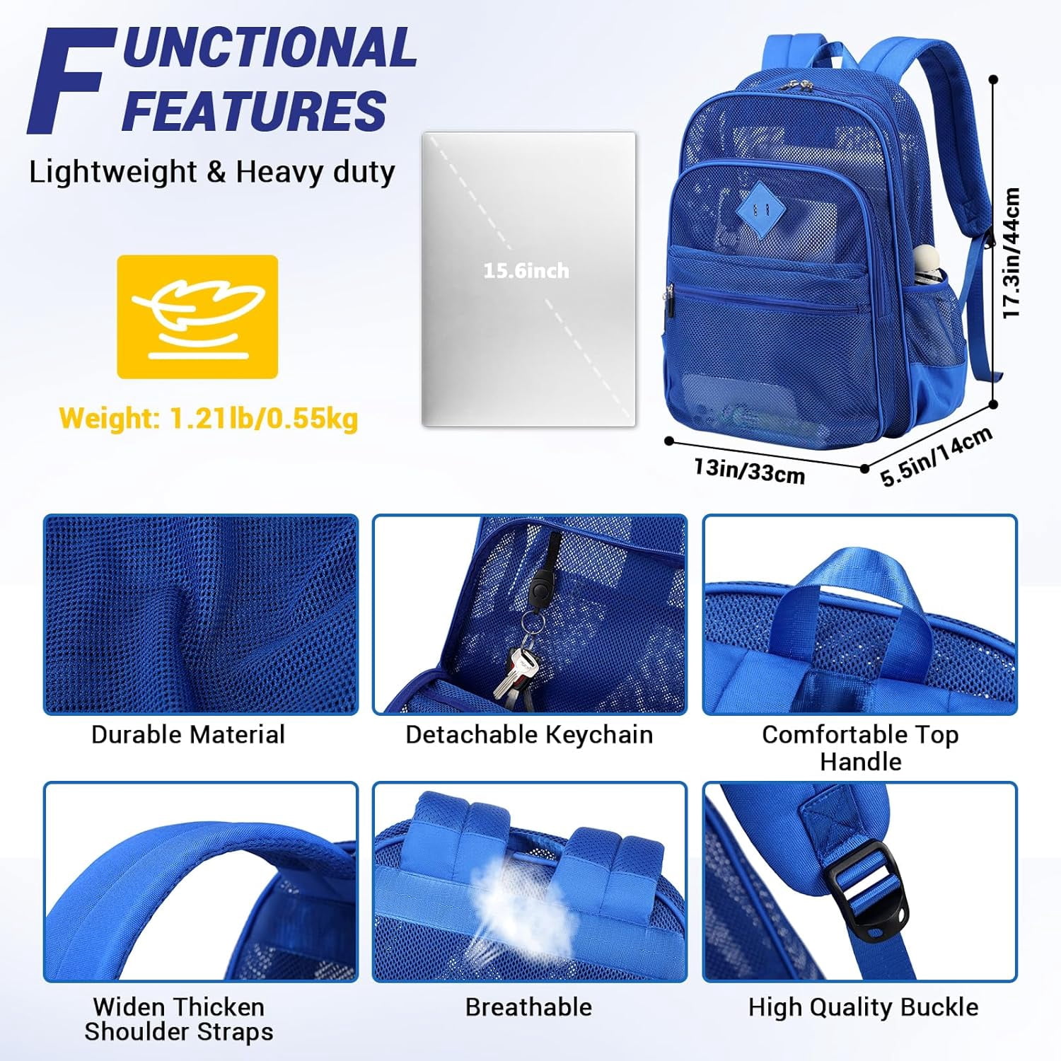 DAKIMOE Mesh Backpack School Backpack Bookbag Heavy Duty See Through Transparent Backpack Stadium Approved Large Capacity with Multiple Compartments Pockets for School Beach Swimming Sports Work