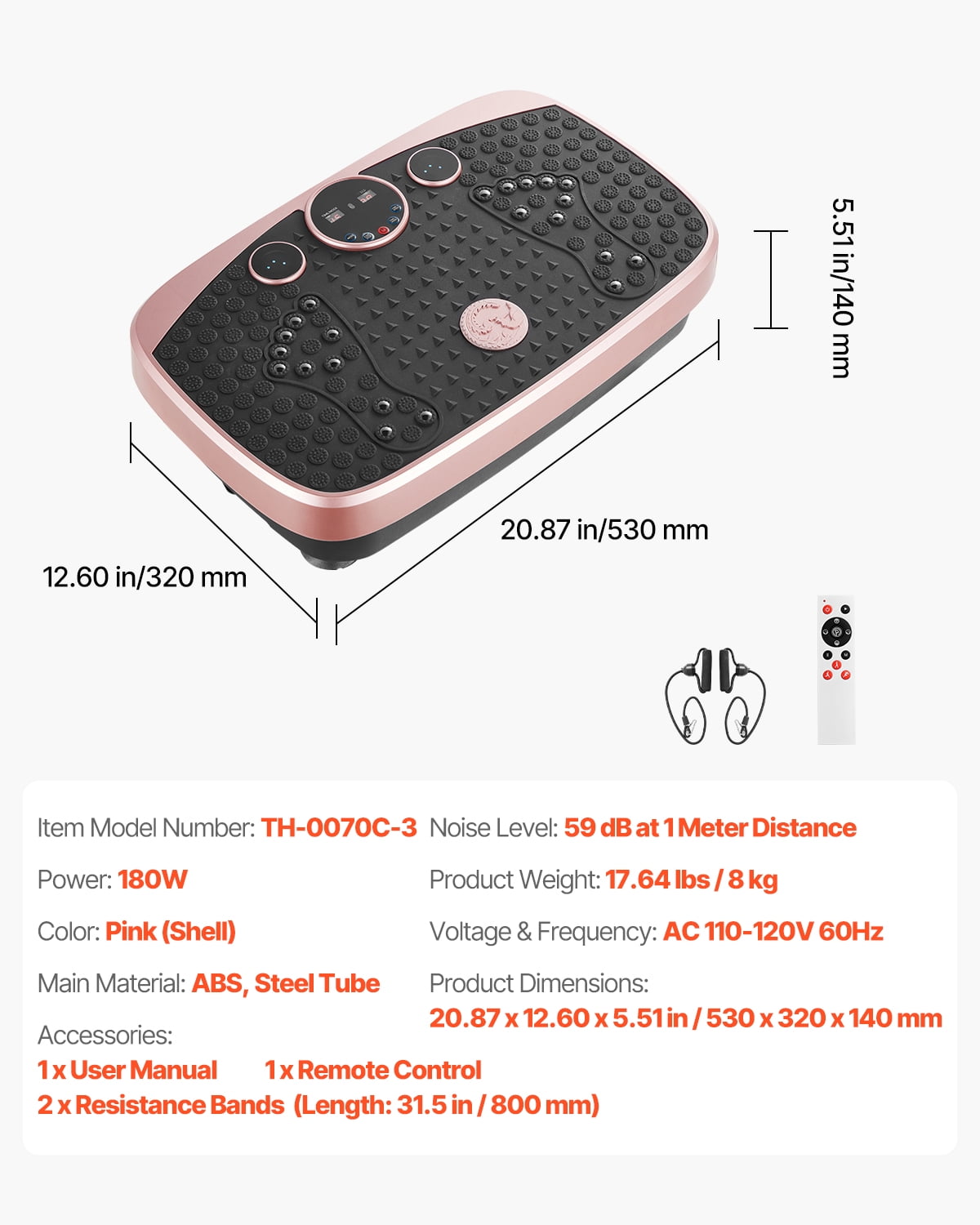 VEVOR Vibration Plate Exercise Machine, Whole Body Shaker with Magnetic Acupoints for Lymphatic Drainage and Weight Loss, Home Workout Gym Fitness Equipment with 2 Resistance Bands for Women Men,Pink