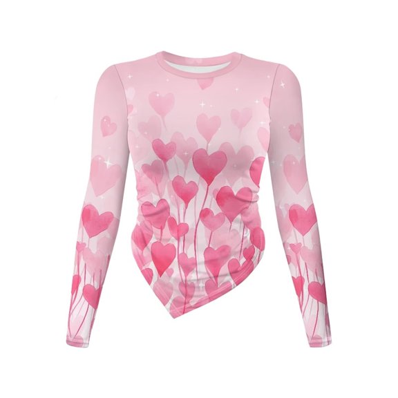 Xoenoiee Pink Heart Love Star Print Women Long Sleeve Top Irregular Hem Crewneck Shirt Valentine's Day Going Out Tops Y2k Clothes Fall Winter Outfits Plus Size, S