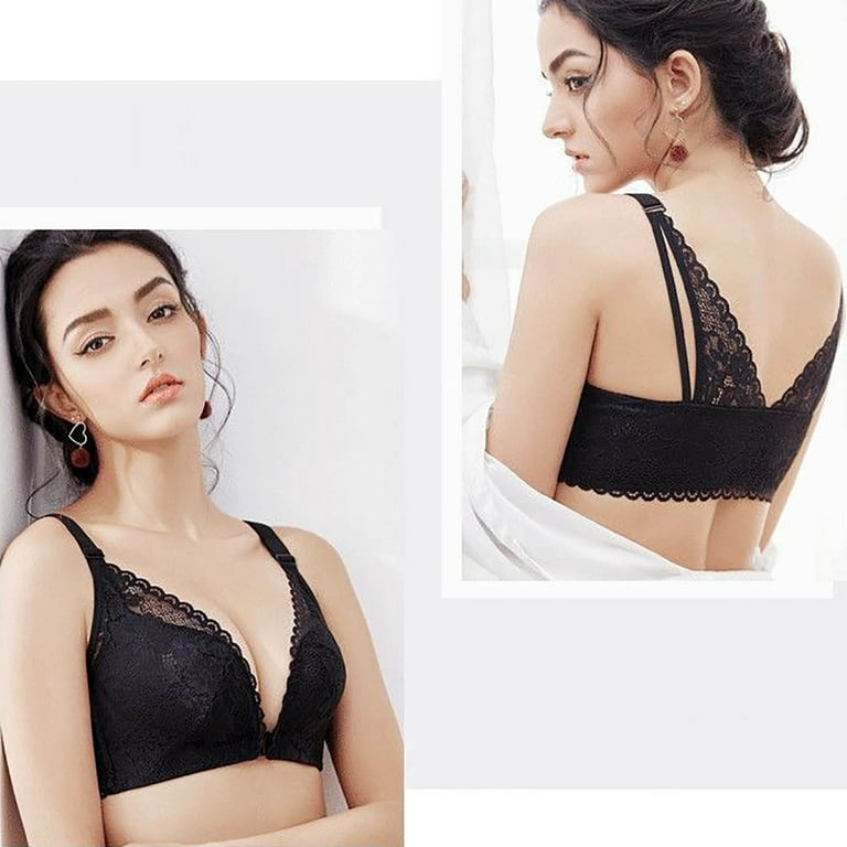 purcolt Front Closure Double Support Wireless Bra, Lace Bra with  Stay-in-Place Straps, Full-Coverage Wire-Free Lightly Lined Comfort  Bralette for