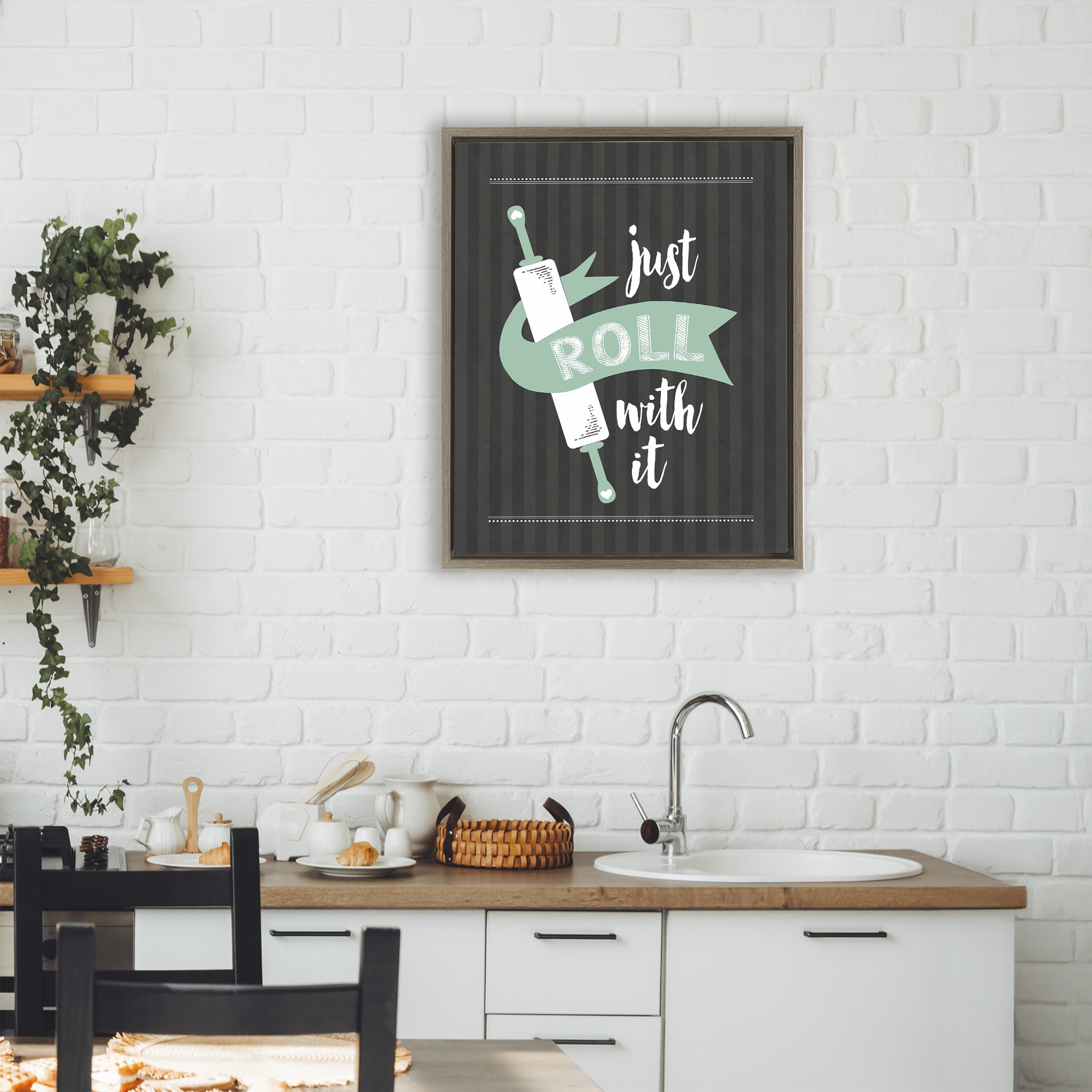 Roll With It Black & Green Brown Framed Floater Canvas Wall Art, design by Lettered and Lined