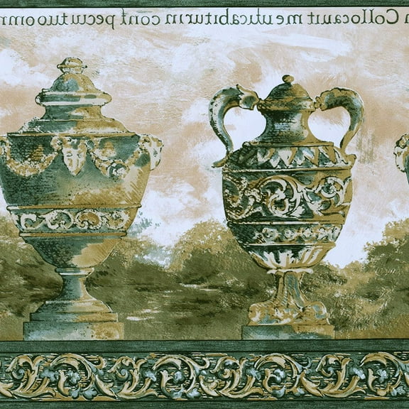 Concord Wallcoverings Abstract Wallpaper Border Vases and Writings Design for Cottage and Dining Area, Green Beige, Size 11 Inches x 15 Feet 166213