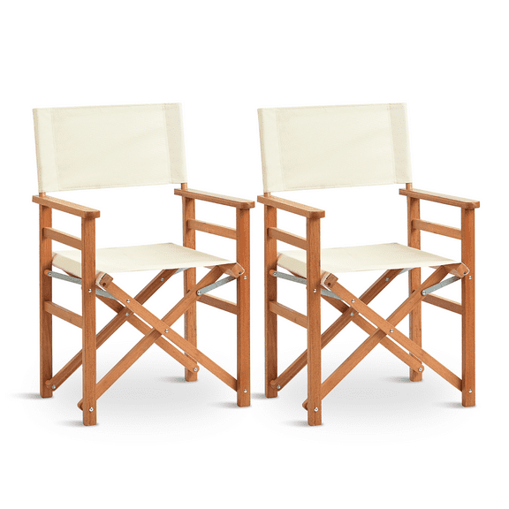 Ktaxon 2Pcs 18.5" Wooden Director's Folding Chair, Folding Beach Chair w/ Beige Canvas, Use for Indoor Outdoor Camping, Off-White