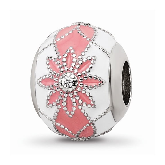 925 Sterling Silver Reflections CZs White & Pink Enameled Flowers Bead; for Adults and Teens; for Women and Men