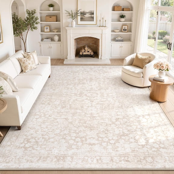 8' x 10' Boho Vintage Washable Non-Slip Low-Pile Area Rug in Beige