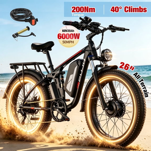 PUJH 6000W Dual Hub Motor Electric Dirt Bike 60V 20Ah 50 mph 200Nm 26 inch Fat Tire 35 100 Miles 40 Degree Full Suspension Hydraulic Brake for Adults
