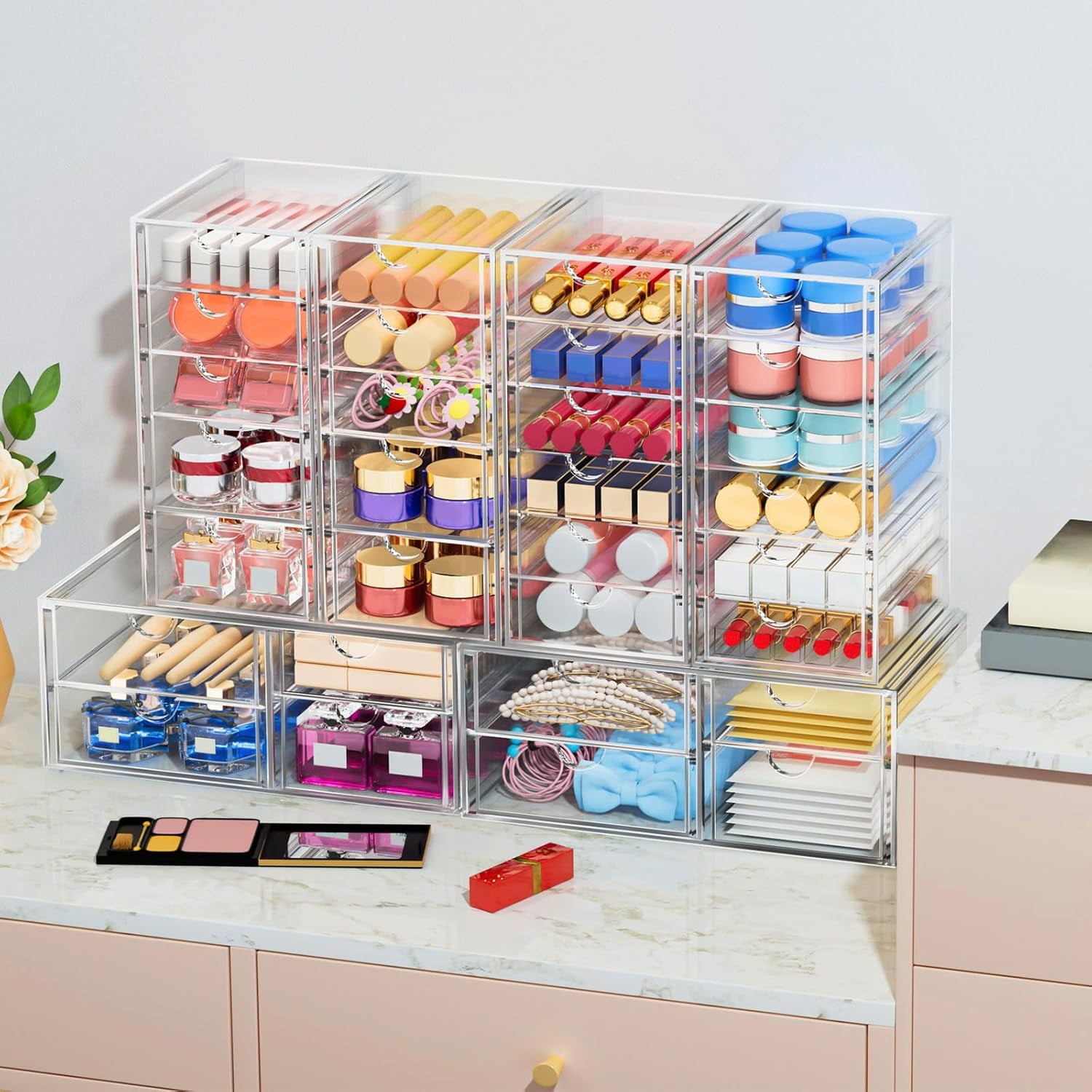 Makeup Organizer Storage with 16 Drawers, 4 Pcs Desktop Office Supplies, Desk Organizers, Clear Accessories, Dustproof Storage Drawer for Make Up, Jewelry, Pen, Stationery