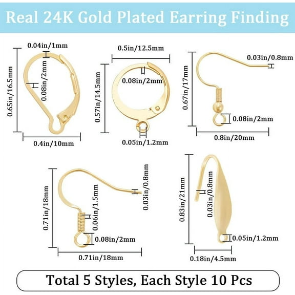 1box 50pcs 5 style 304 Stainless Steel & Brass Leverback Earring Findings & Earring Hooks French Hooks with Coil golden 14.5~21x10~17x1.5~4.5mm Pin: 0.8~1mm 10pcs/style