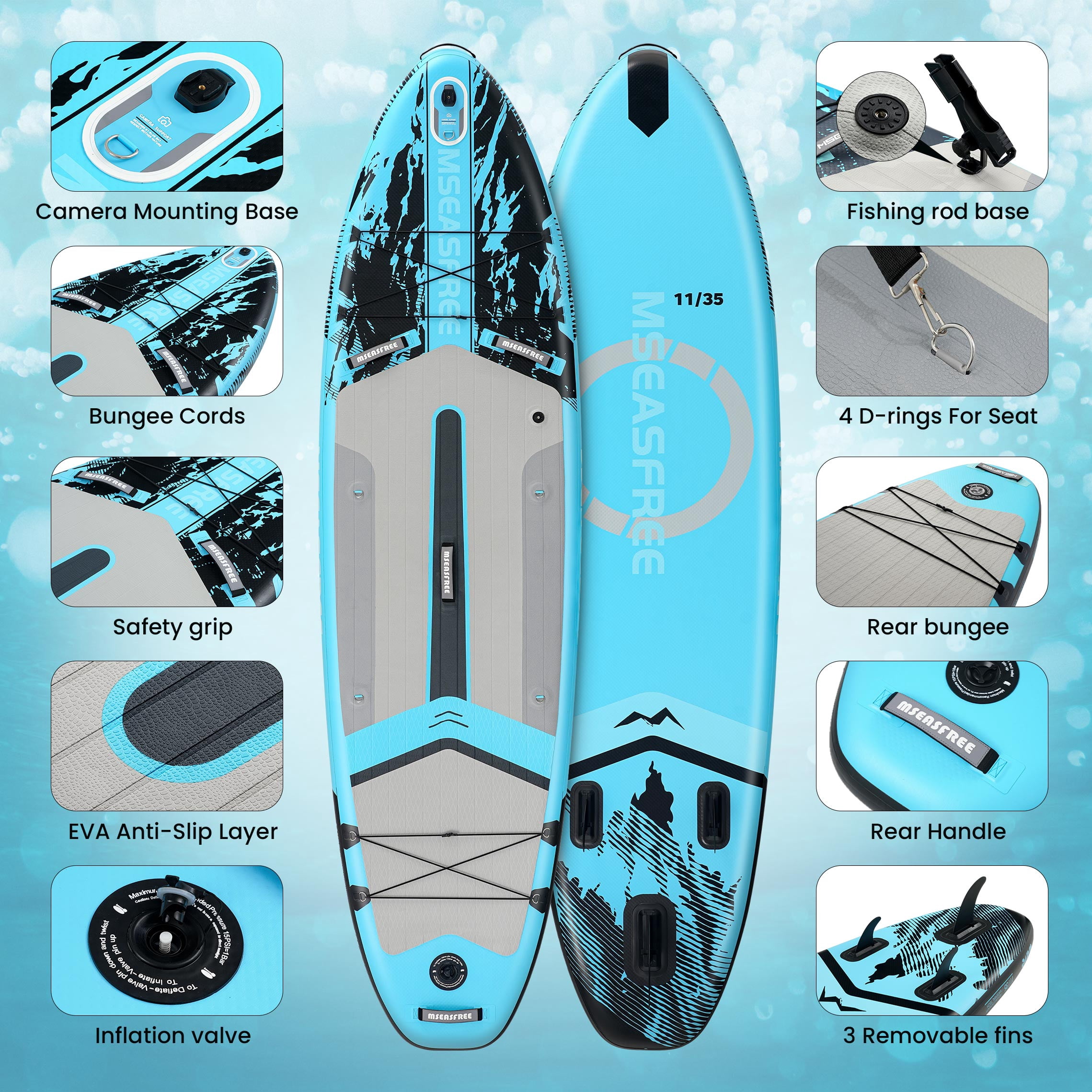 MSEASFREE 11 ft Inflatable Paddle Board Stand up Paddle Board All-Purpose Fishing Board with Full SUP Accessories