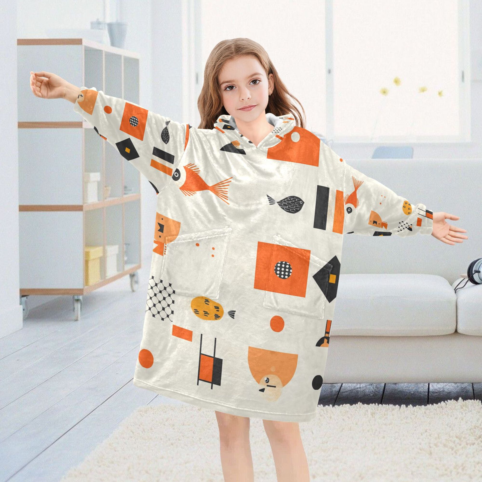 FORMRS Wearable Blanket Hoodie with Sleeves for Kids Cozy Flannel Sweatshirt, Minimalist Geometric Pattern