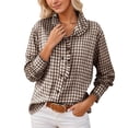 thumbnail image 2 of HOWPAY Plaid Shirts for Women Button down Long Sleeve Classic Collared Casual Shackets Loose Fit Business Stretch Oversized Fall Clothes Khaki S, 2 of 5