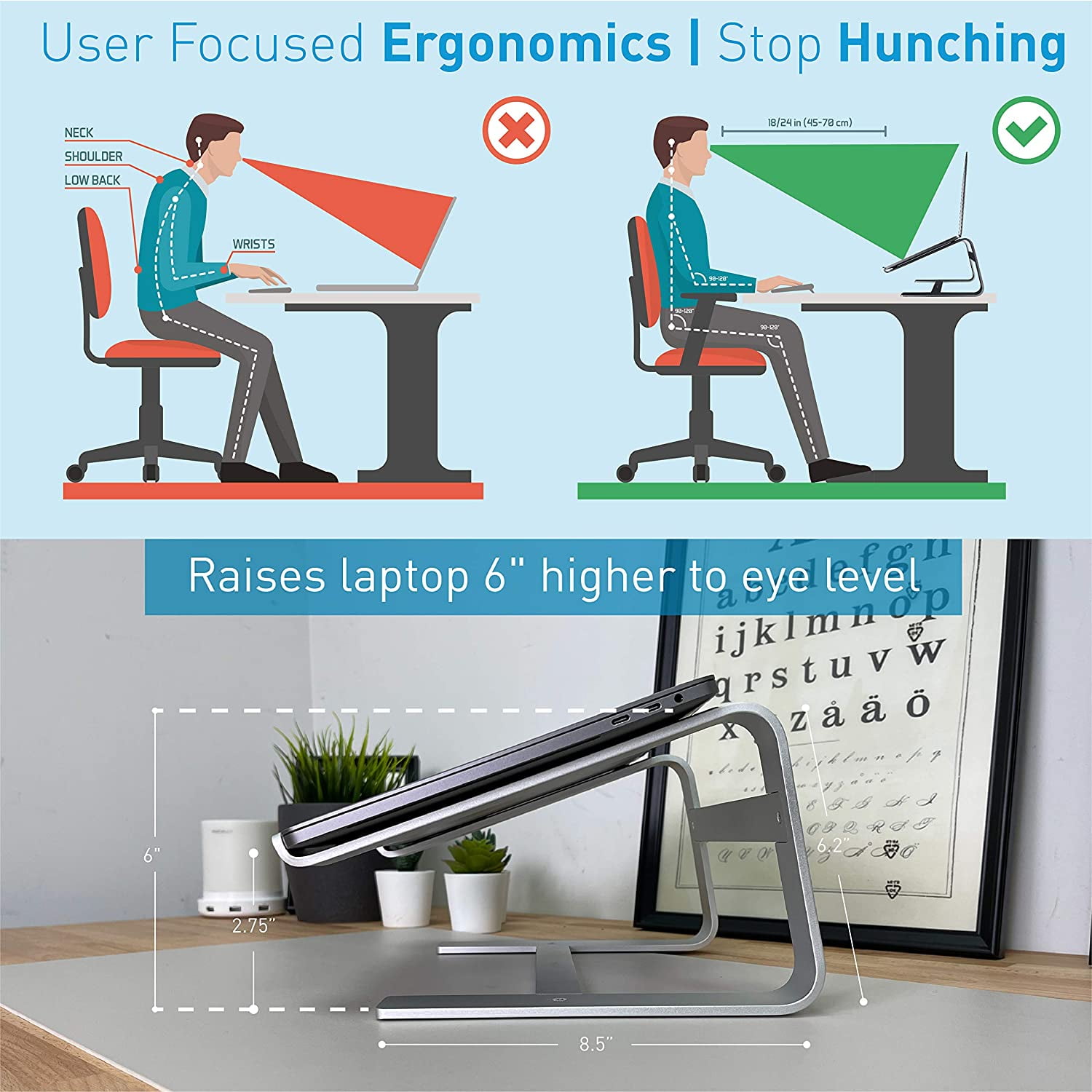 Macally Laptop Stand for Desk - Aluminum Laptop Riser Stand for Desk - Ergonomic Laptop Holder Mount - Use as Macbook Stand (Pro/Air) or Notebook Computer Stand between 10 to 17.3 Inches - Silver
