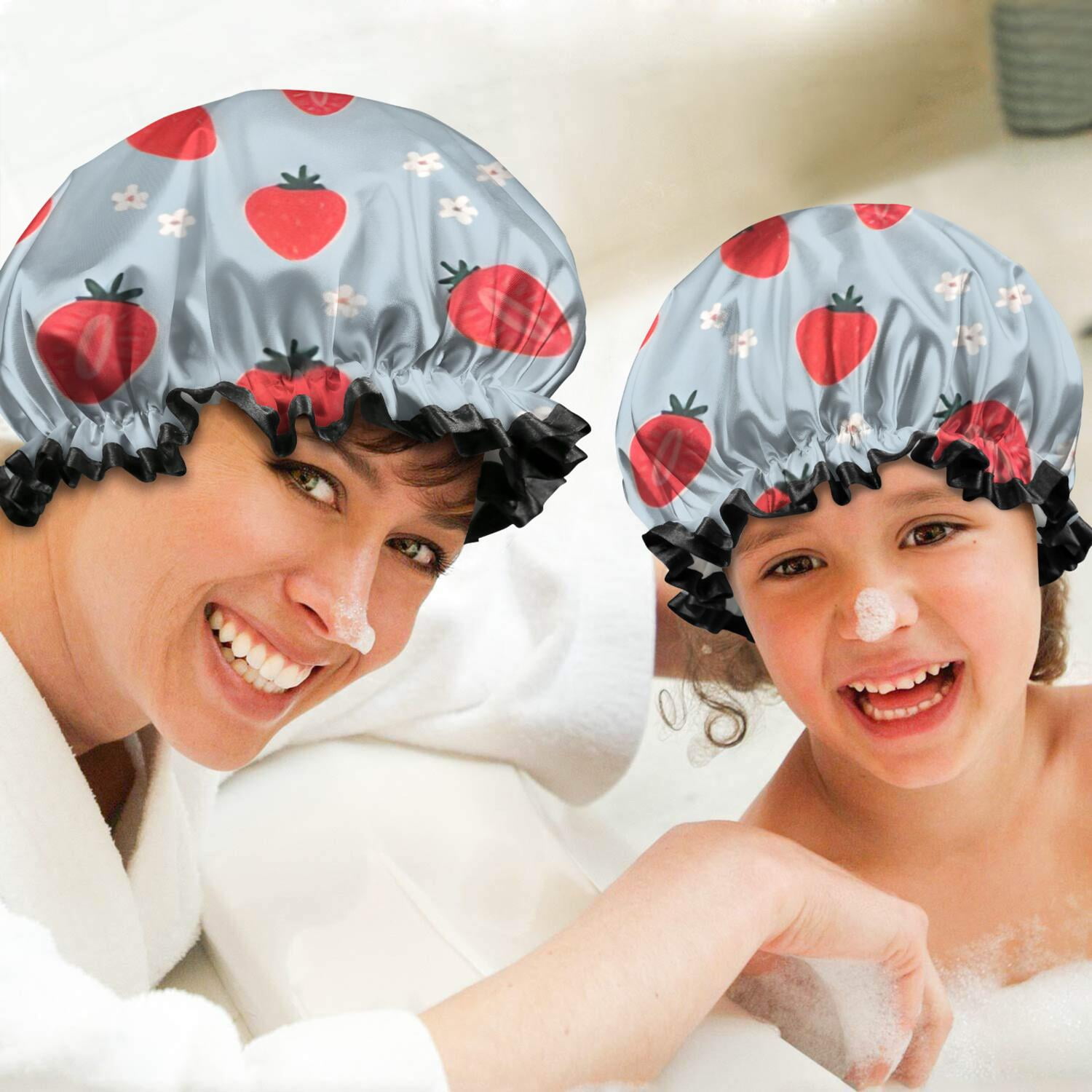 Shower Caps,Strawberry Plants Fruit Flower Waterproof Shower Cap for Women 4 Pieces,Double Reusable Hair Cover for Shower PEVA Elastic Stretch Hem