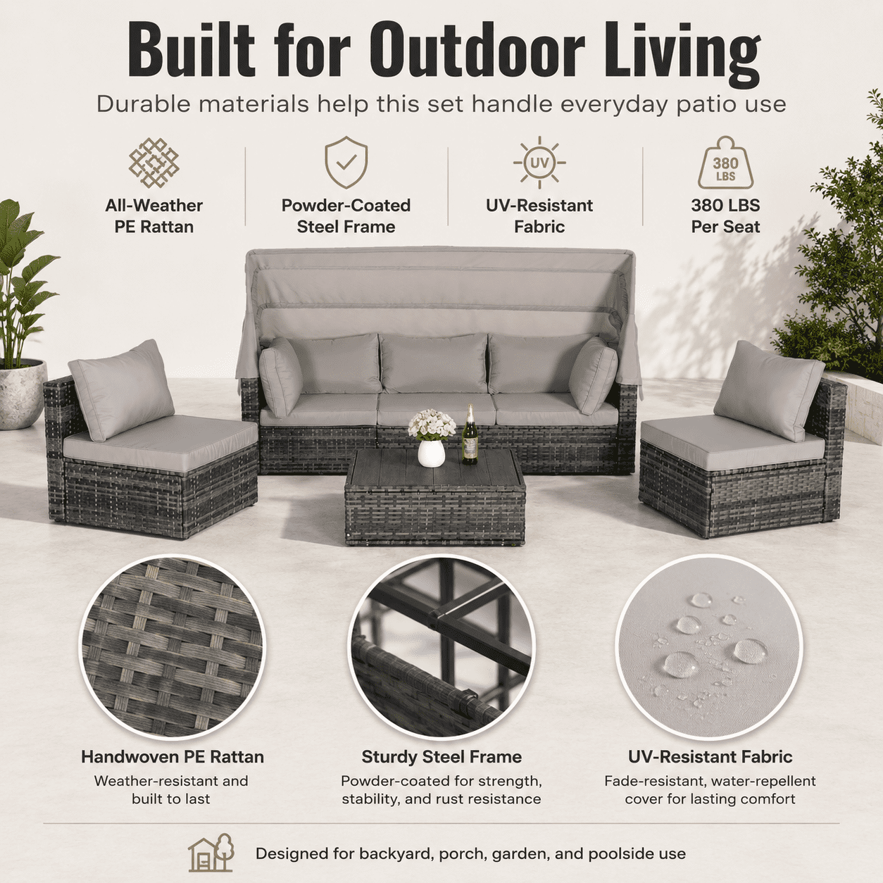 Outdoor Wicker Patio Furniture Set, 5-Piece Sectional Sofa with Canopy Daybed, All-Weather Rattan Conversation Set with Cushions & Table for Backyard Garden Poolside