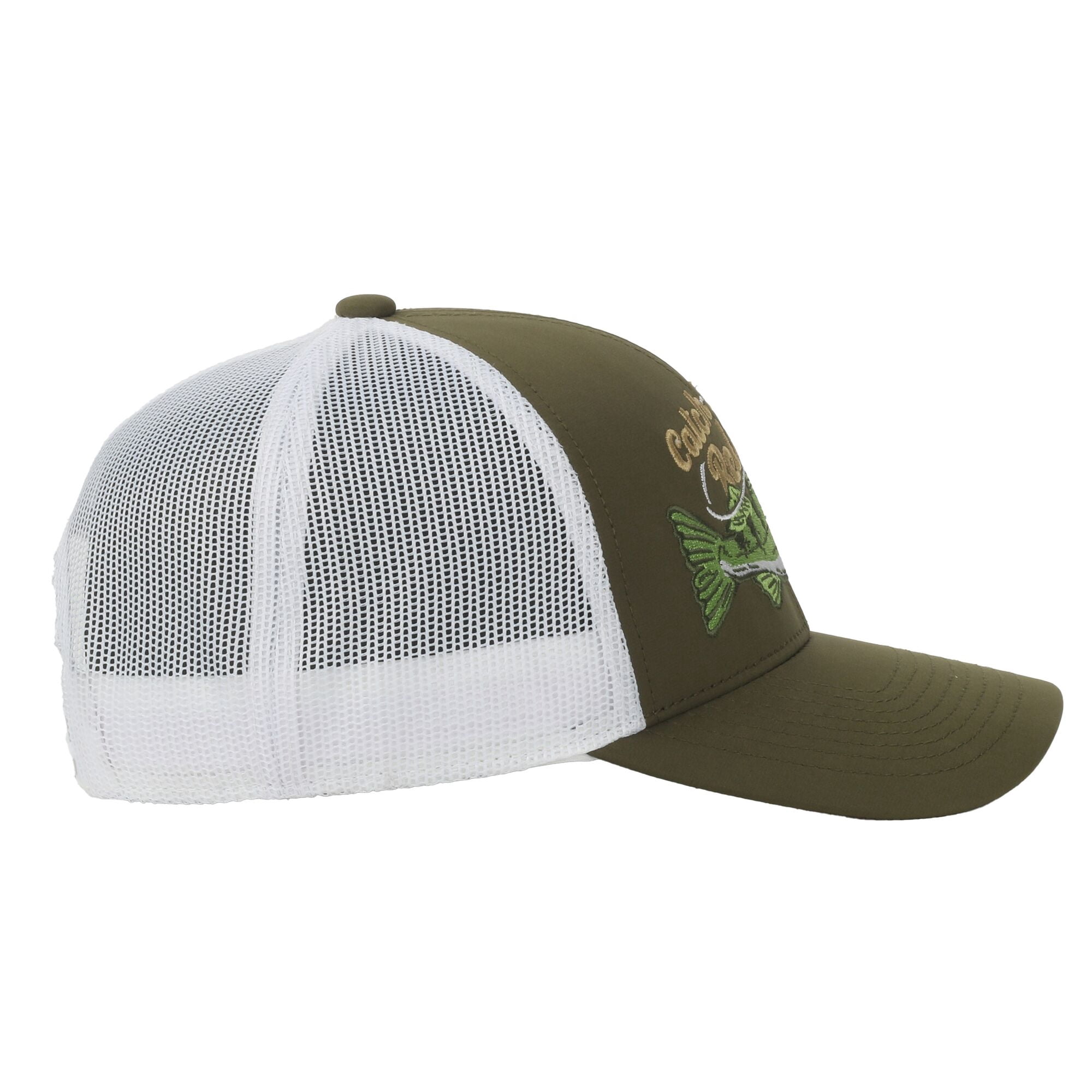 Olive/White Walleye 5-Panel Fishing Cap – Structured, Embroidered, Snapback, One Size