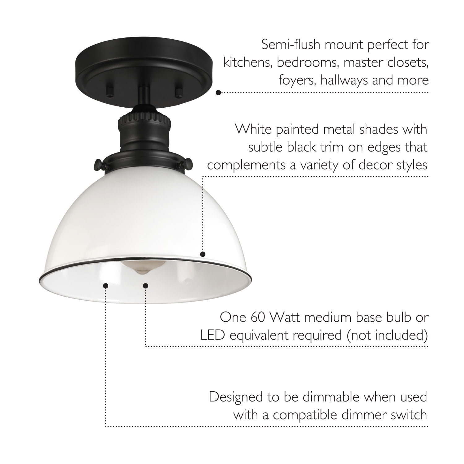 Design House Savannah Farmhouse 1-Light Indoor Semi-Flush Mount Ceiling Light, White/Matte Black