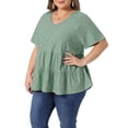 thumbnail image 4 of Agnes Orinda Women's Plus Size Top Eyelet Cutout Layered V Neck Short Sleeve Shirts Flowy Casual Summer Babydoll Blouses 1X Green, 4 of 6