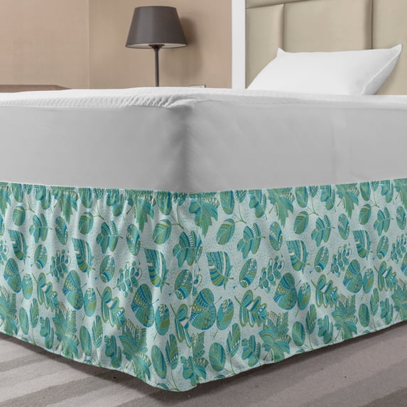 Leaves Bed Skirt, Hand Drawn Oriental Ornament of Various Nature Shapes and Polka Dots, Elastic Bedskirt Dust Ruffle Wrap Around for Bedding Decor, 4 Sizes, Peacock Green Baby Blue, by Ambesonne