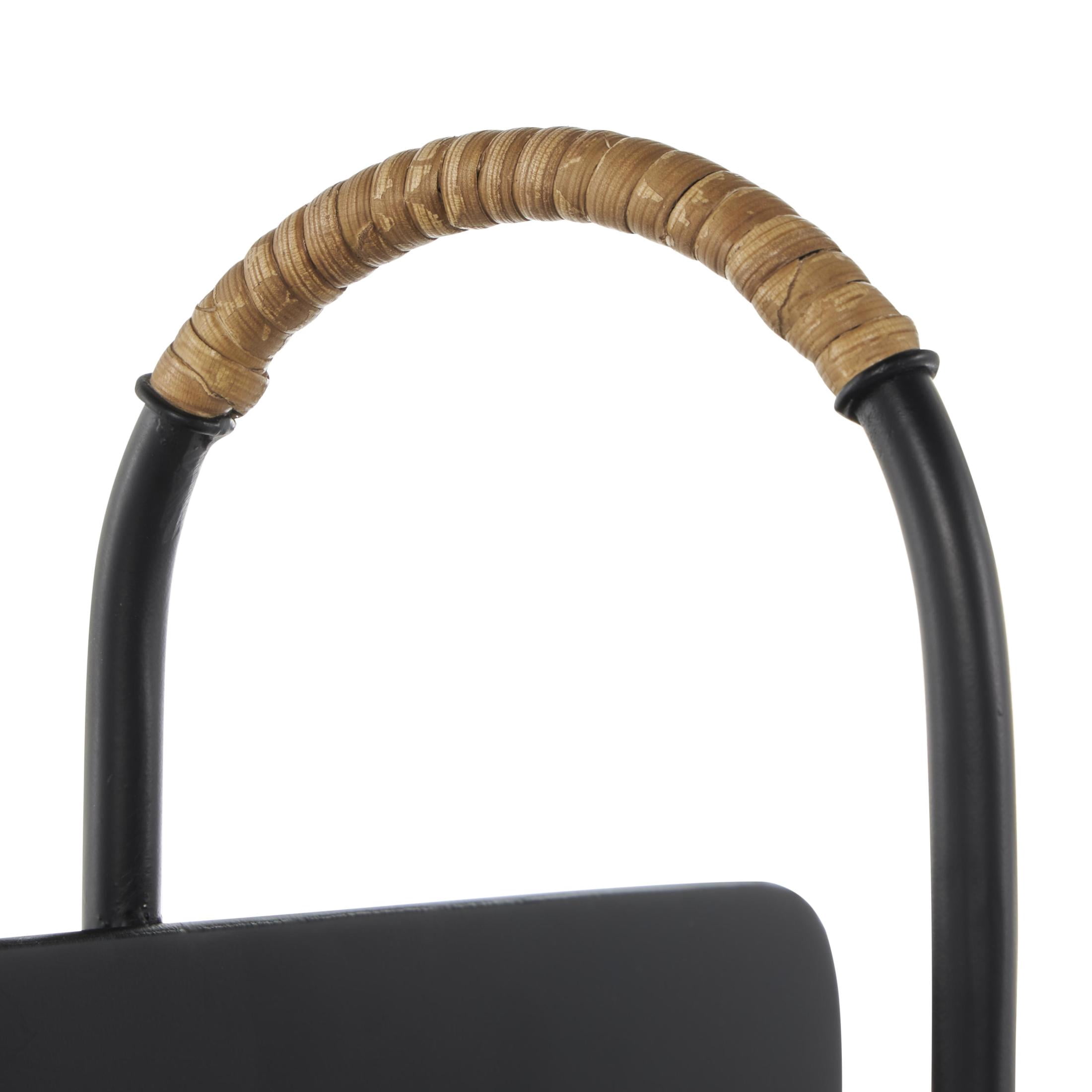 DecMode 15" Black Metal Matte Curved Magazine Holder with Rattan Loop Handle