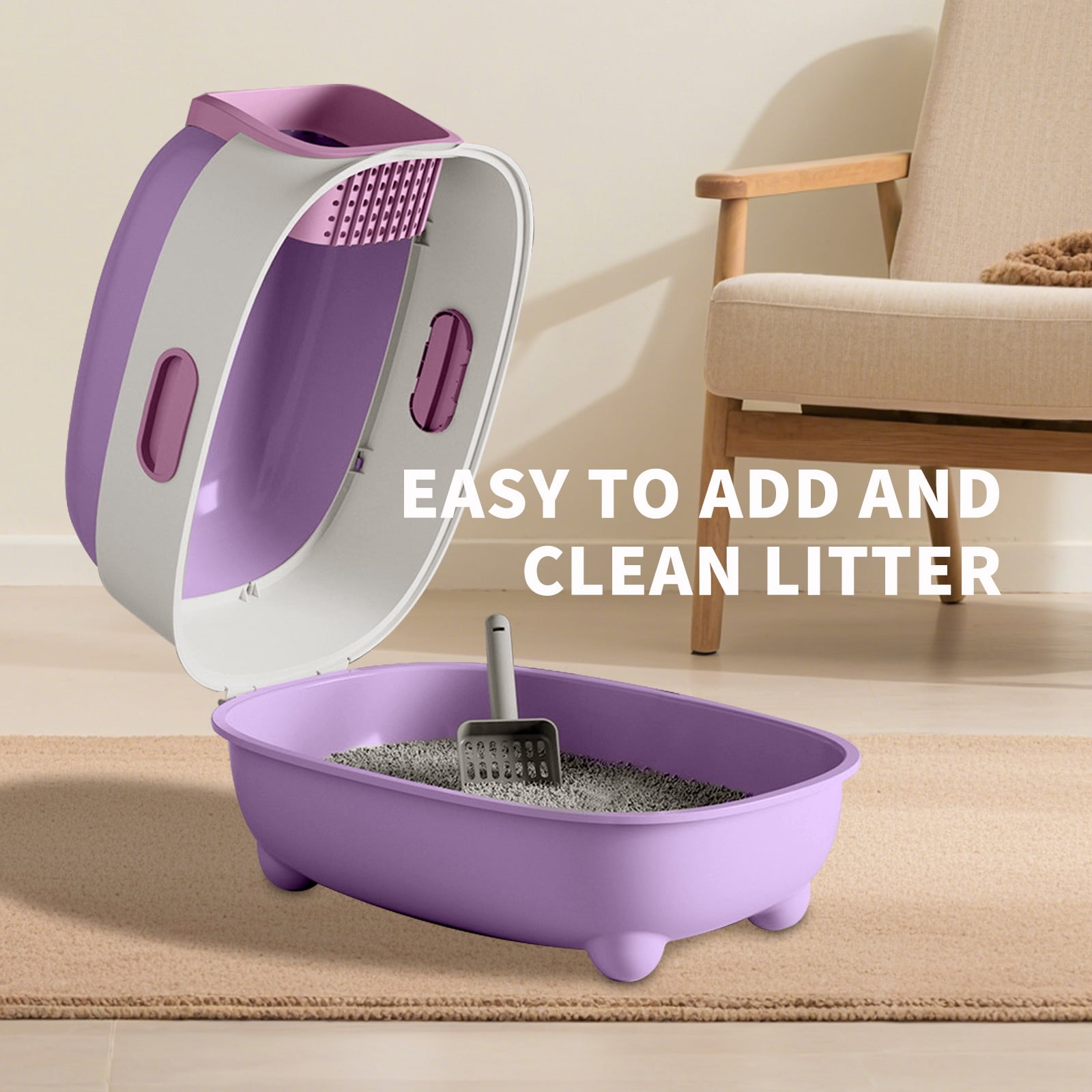 Open Transparent Cat Litter Box, Large Indoor Easy Entry Kitty Litter Pan with Litter Scoop, Ventilated Sleek Modern Decorative Pet Toilet Durable Safe for Household Cats