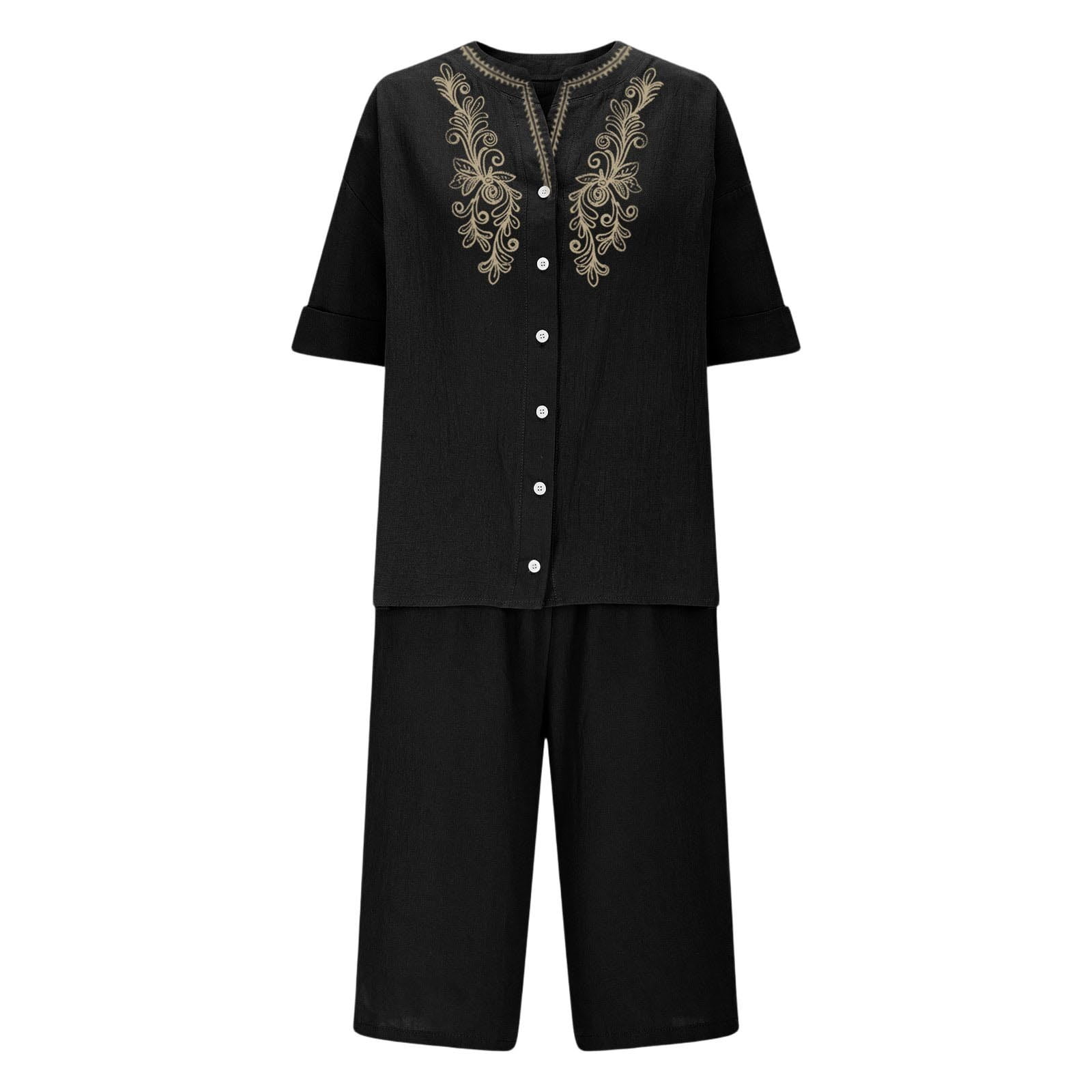 Womens 2 Piece Outfits Short Sleeve Cotton Linen Embroidered Shirts Wide Leg Capri Pants Matching Sets