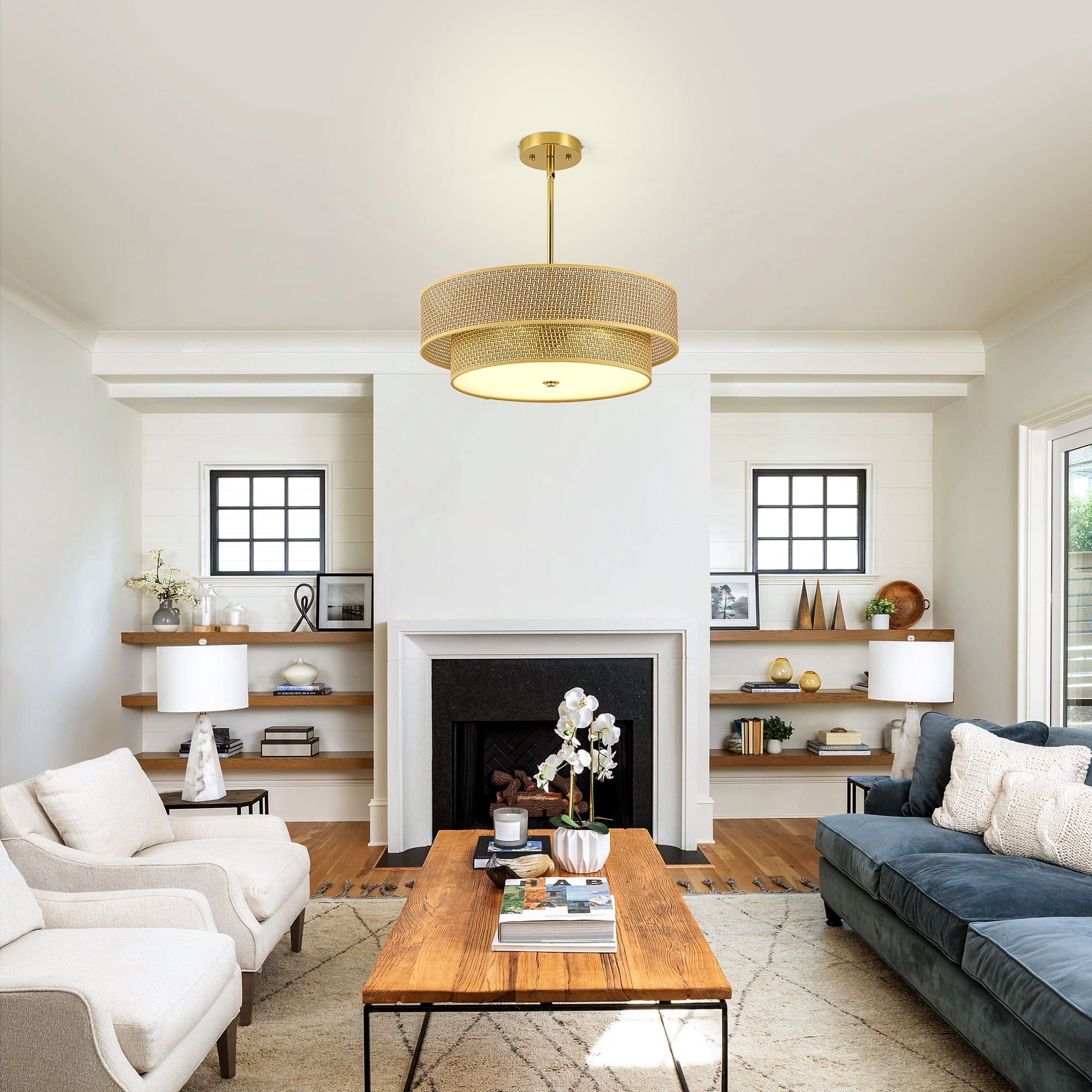 Leumius 17.7 Inch Semi Flush Mount Ceiling Light Fixture, Modern Boho Drum Lamp for Bedroom, Kitchen, Dining Room, Living Room, Hallway, Entryway