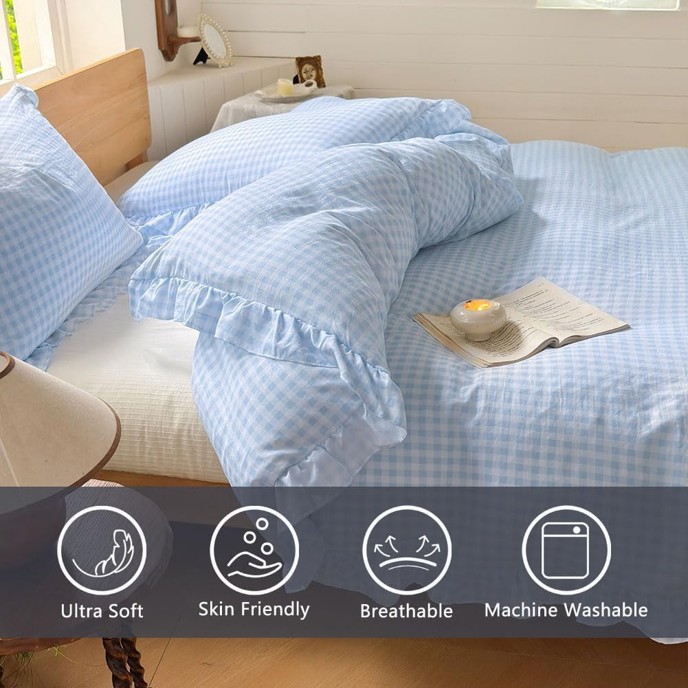 Light Blue Gingham Ruffle Duvet Cover Queen Size, 3 Pieces Soft Pre-Washed Microfiber Checked Plaid Comforter Cover Set, Vintage Farmhouse Bedding Set(Blue Gingham, Queen 90"x90")