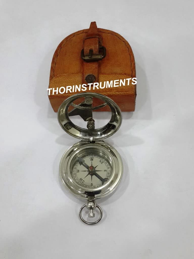 Push Button Compass Nautical Vintage Chrome Push Button Compass Brown Leather Case Decor ...
