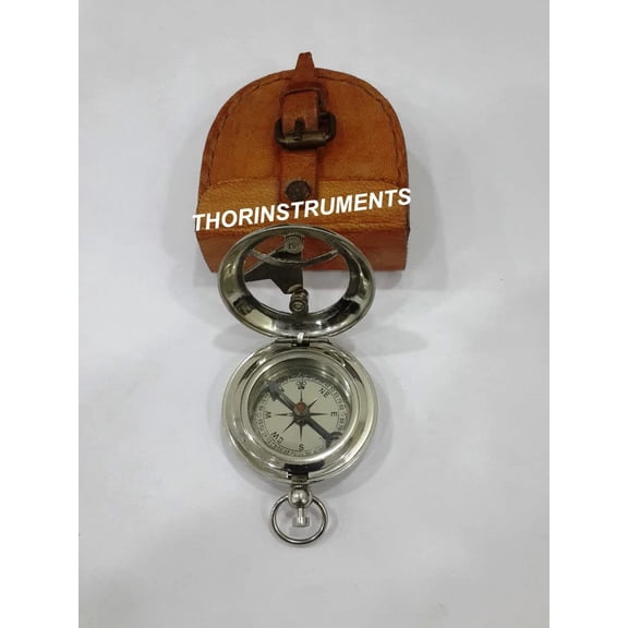 Nautical Vintage Chrome Push Button Compass Brown Leather Case Decor Gift