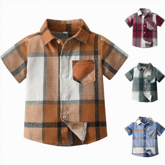 Splozh Baby Flannel Shirt Boys Western Shirts Short Sleeve Casual Plaid Button Down Kids Shirt Cotton,Green,4-5 Years