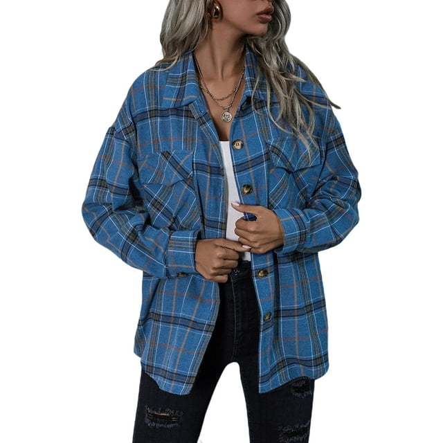 Chemise Surdimensionnée à Carreaux pour Femmes Veste Surchemise Manches Longues Décontractée Automne