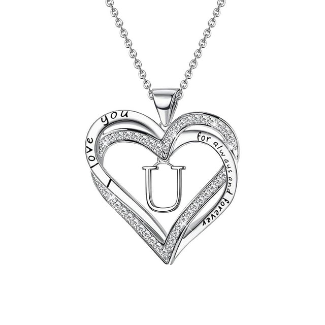 DPTALR Ladies Double Heart Diamond Necklace With 26 English Letters Couple Necklace