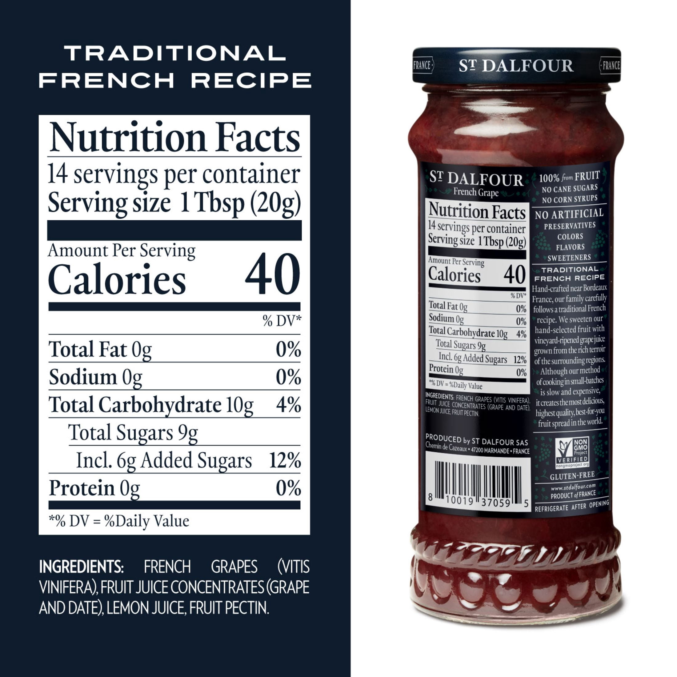 (2 pack) St. Dalfour French Grape Fruit Spread, 100% from Fruit, Vegan & Gluten Free, 10 oz Jar