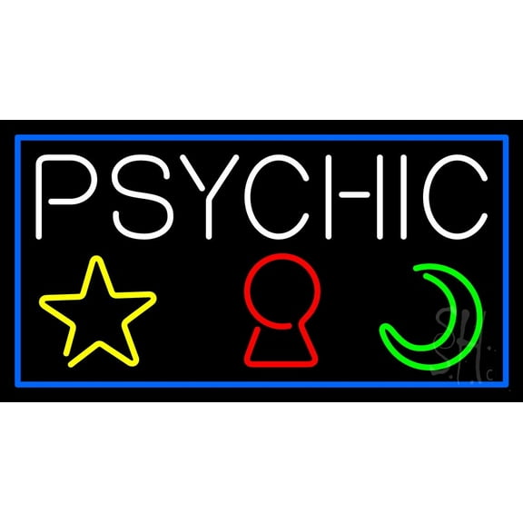 Psychic With Logo Blue Border LED Neon Sign 13" Tall x 24" Wide - inches Black Square Cut Acrylic Backing, with Dimmer - Bright and Premium built indoor LED Neon Sign for Storefront.