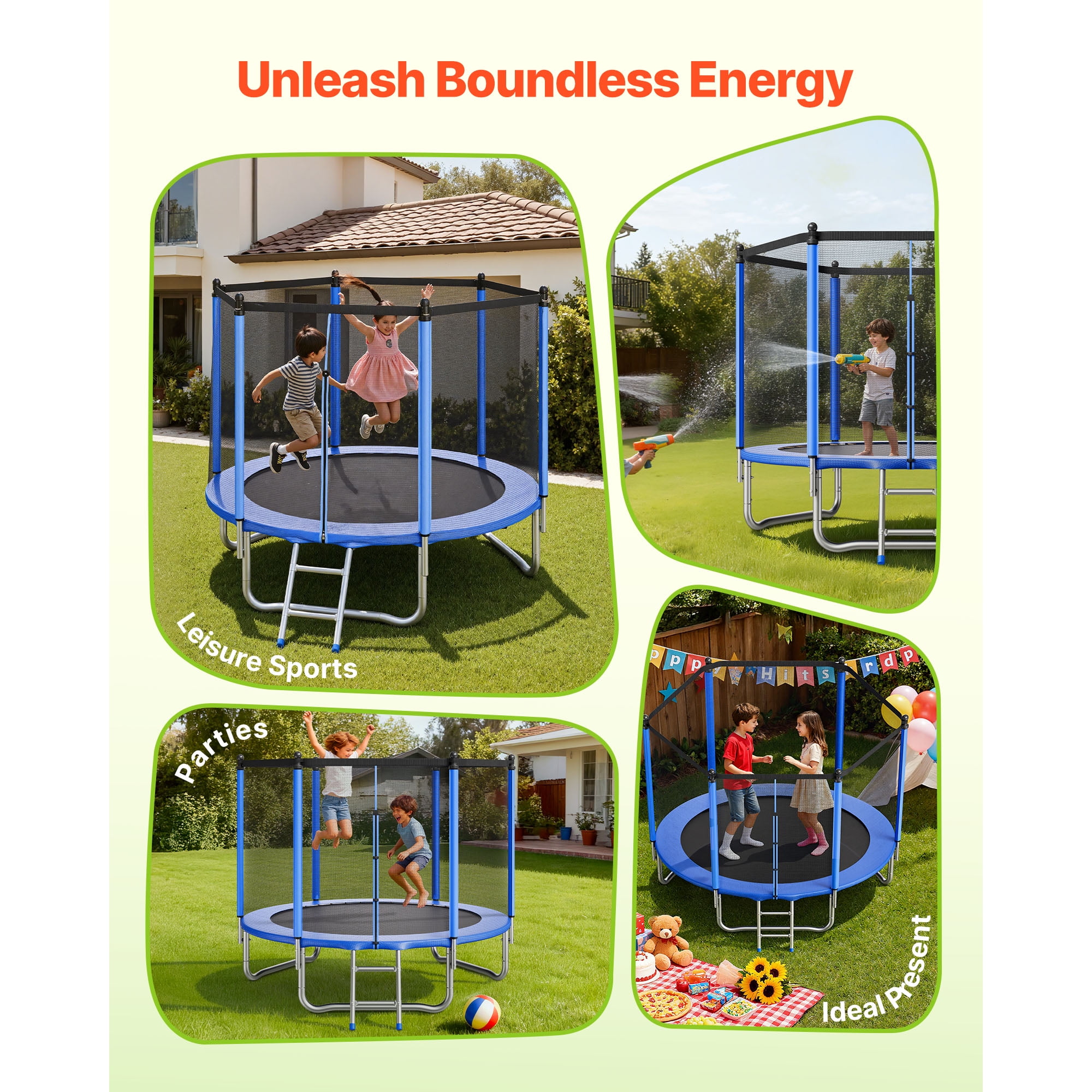 KFFKFF 8FT Outdoor Trampoline with Safety Enclosure, ASTM Certified, Durable Frame, 265 lbs Capacity, Rust-Resistant Design for Backyard Fun for Kids and Adults
