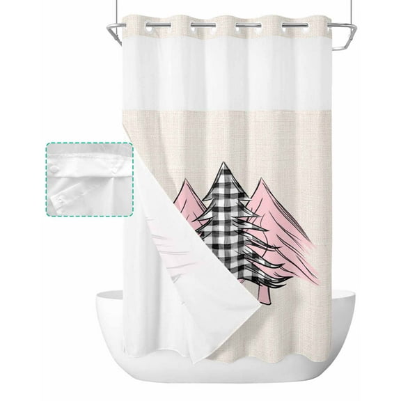 No Hook Shower Curtain with Snap in Liner, Pink and Black White Plaid Christmas Tree Hotel Shower Curtains for Bathroom, Washable Shower Curtain Liner Set with Mesh Top Window, 36"x72"